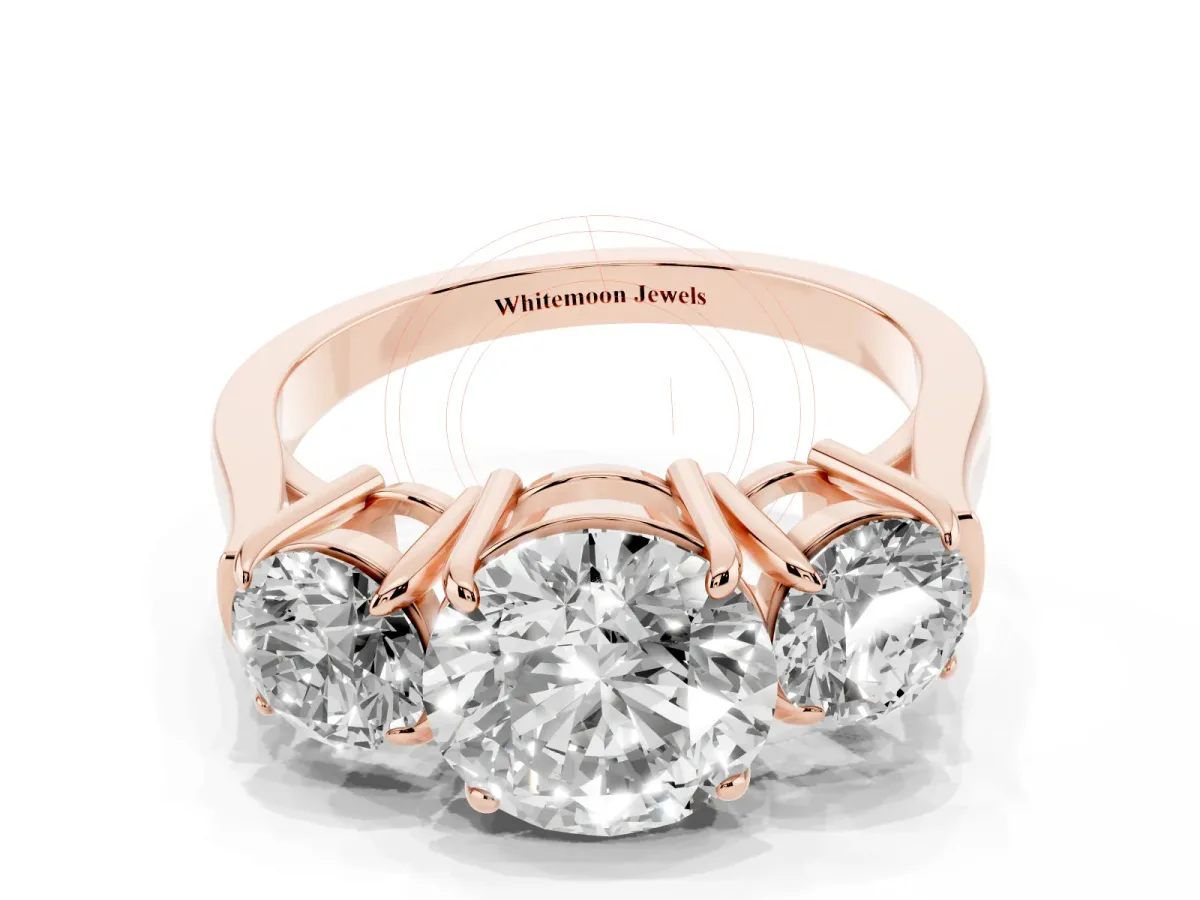 Three-Stone Round Cut Cut Diamond Ring with Round Accent Stones, Prong Setting, and Classic Band Rose gold