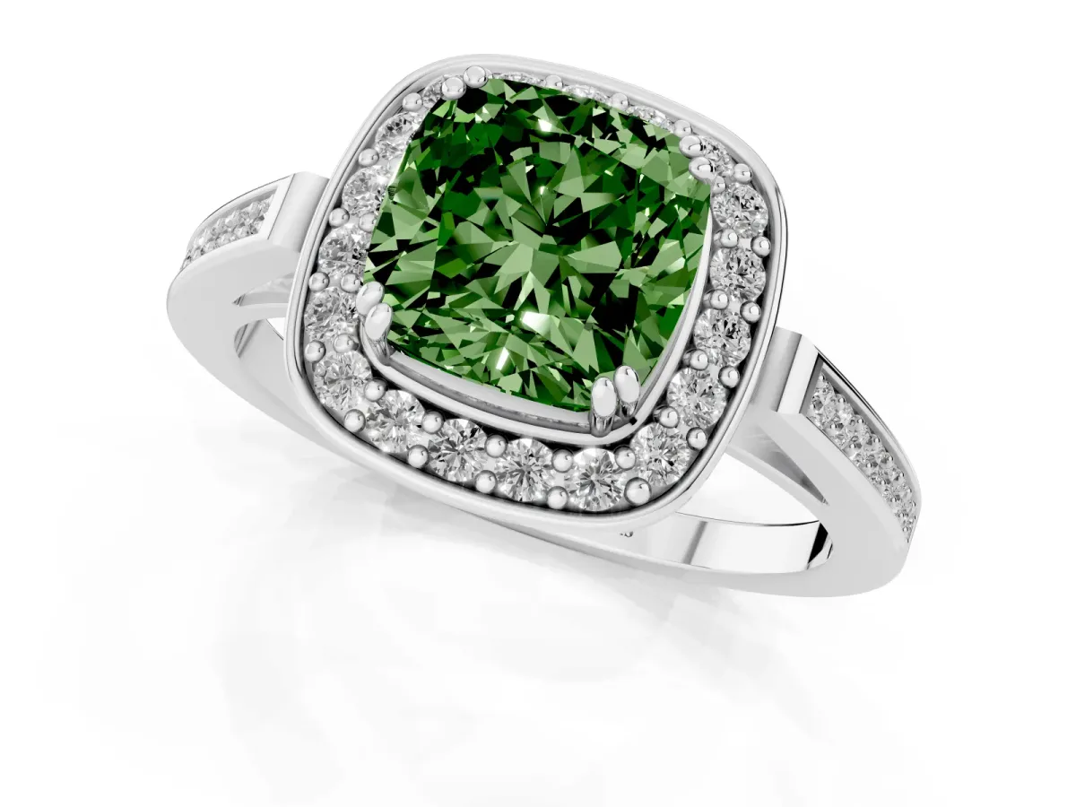 Fancy Green Cushion Cut Diamond Halo Ring with Split Shank and Four-Prong Setting Silver