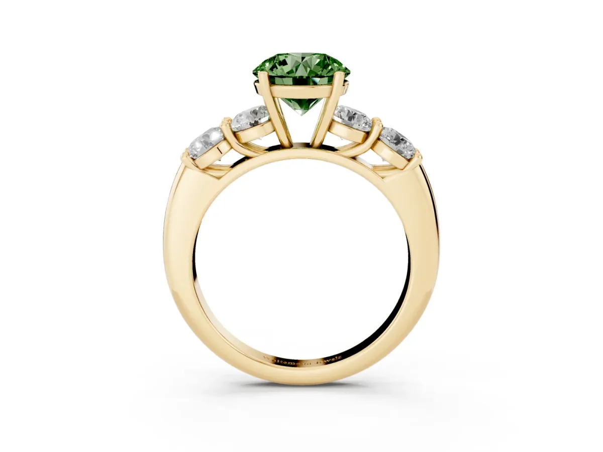 Fancy Green Round Cut Cut Five-Stone Prong Set Diamond Ring with Classic Band Yellow gold
