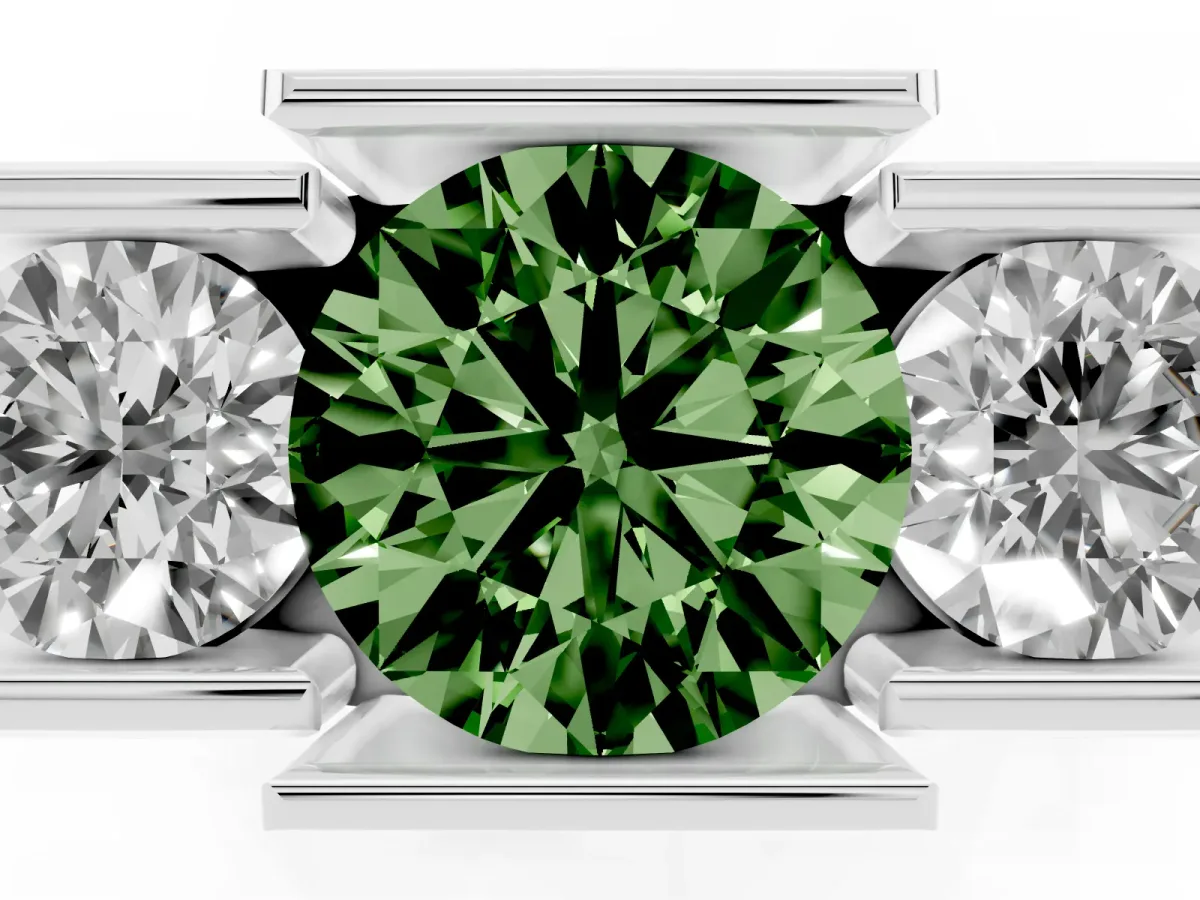 Fancy Green Three Stone Round Cut Cut Channel Set Diamond Ring Platinum