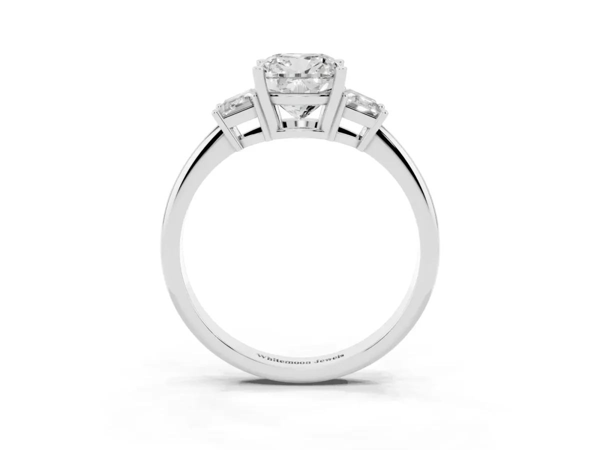 Cushion Cut Diamond Three-Stone Ring with Trapezoid Side Stones and Prong Setting Silver