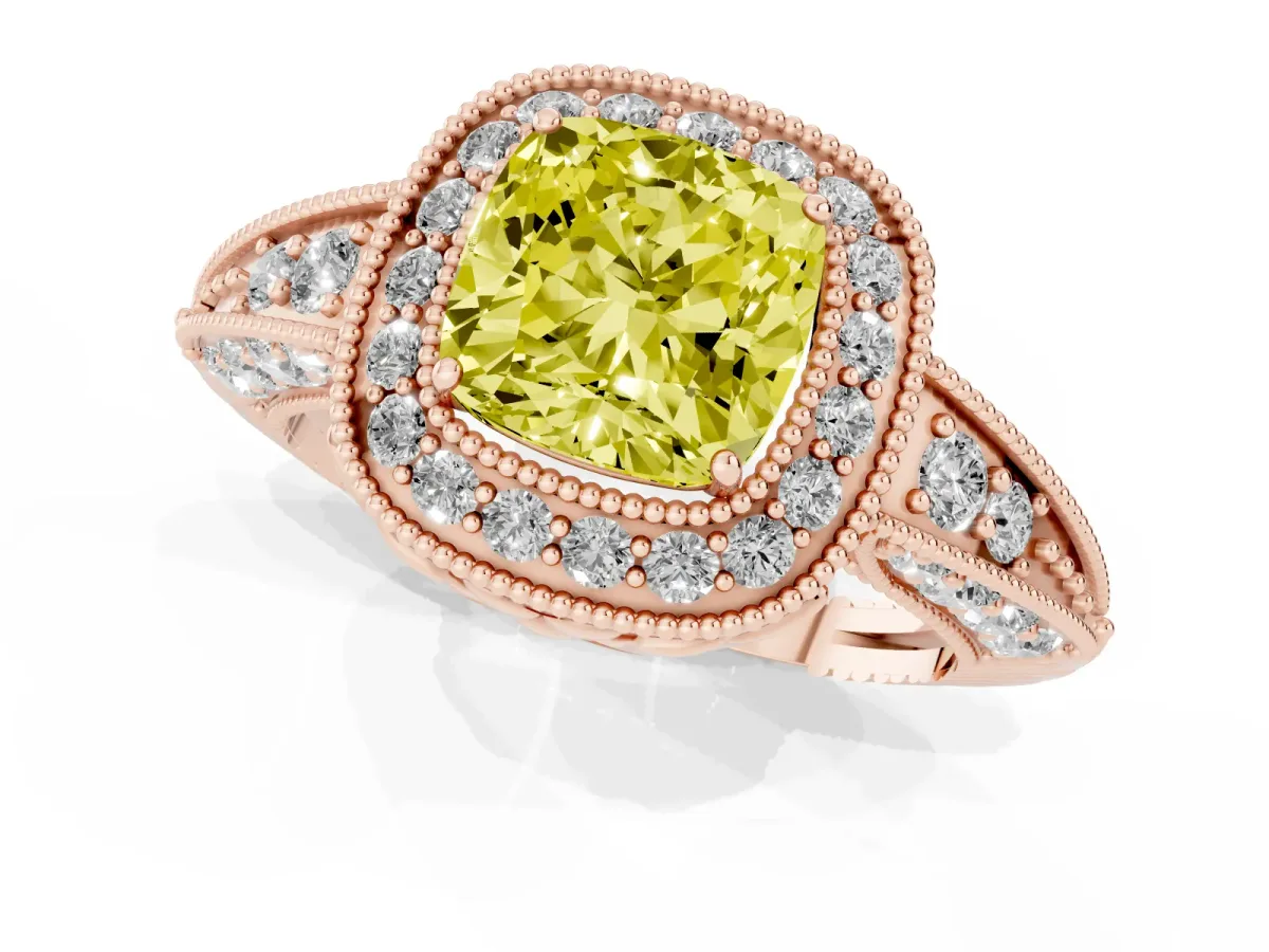 Fancy Yellow Cushion Cut Halo Diamond Split Shank Ring with Milgrain Detail Rose gold