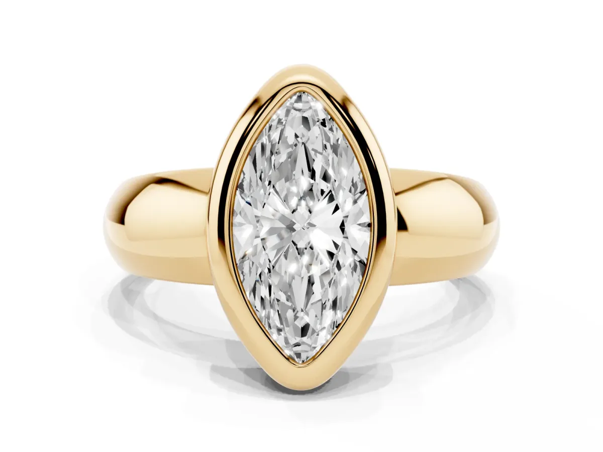 Bezel Set Marquise Cut Solitaire Ring with Wide Band Yellow gold