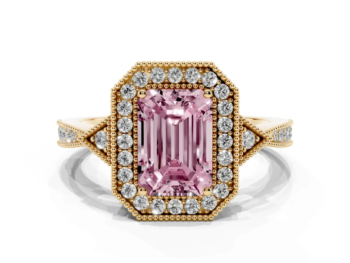 Fancy Pink Emerald Cut Halo Round Diamond Milgrain Pave Engagement Ring Yellow gold