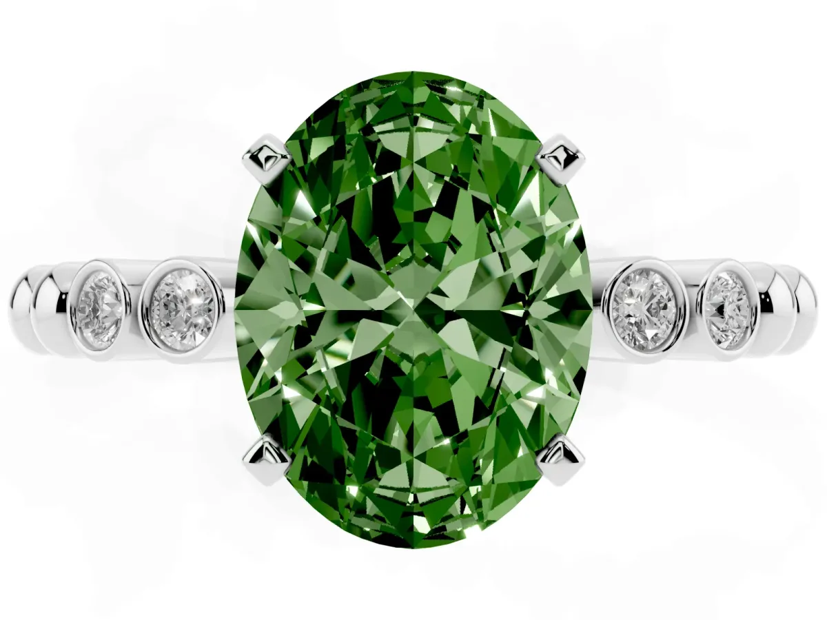Fancy Green Oval Cut Solitaire Bezel Accent Diamond Engagement Ring with Beaded Band and Four-Prong Setting Silver