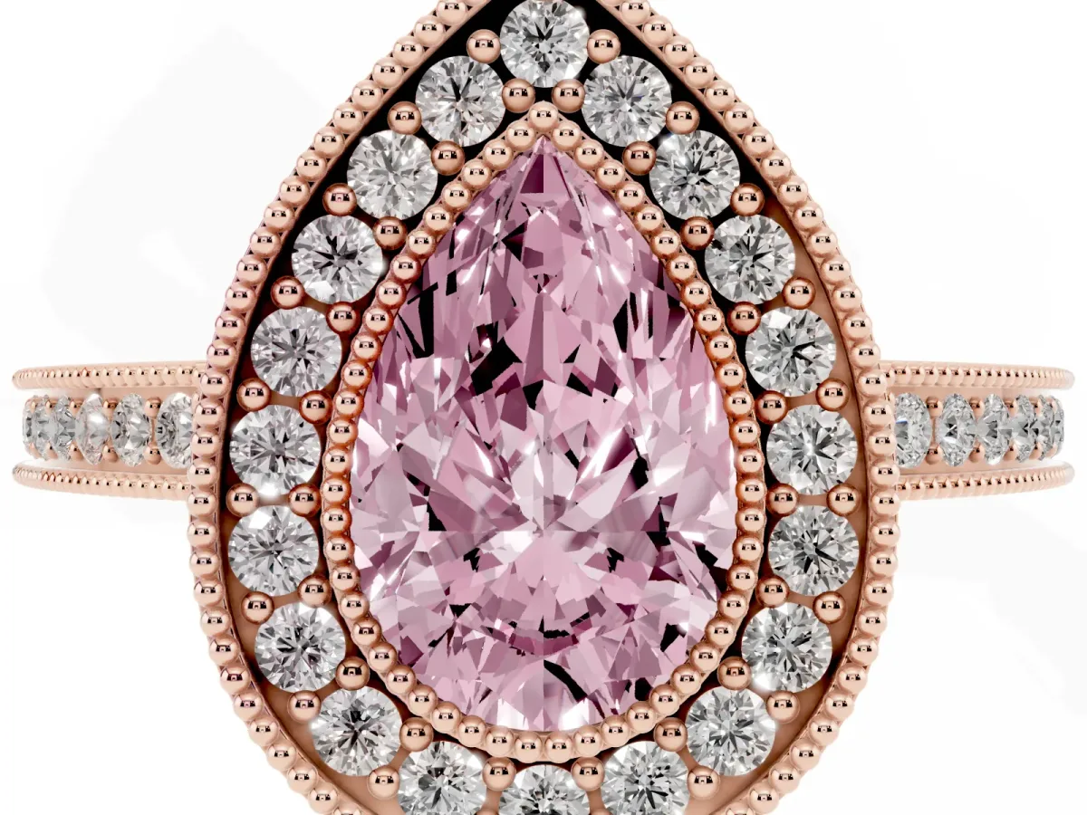 Fancy Pink Pear Cut Cut Halo Diamond Ring with Pavé Band and Milgrain Prong Setting Rose gold