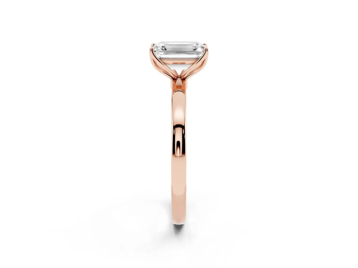 Emerald Cut Diamond Solitaire Ring with Thin Band and Prong Setting Rose gold