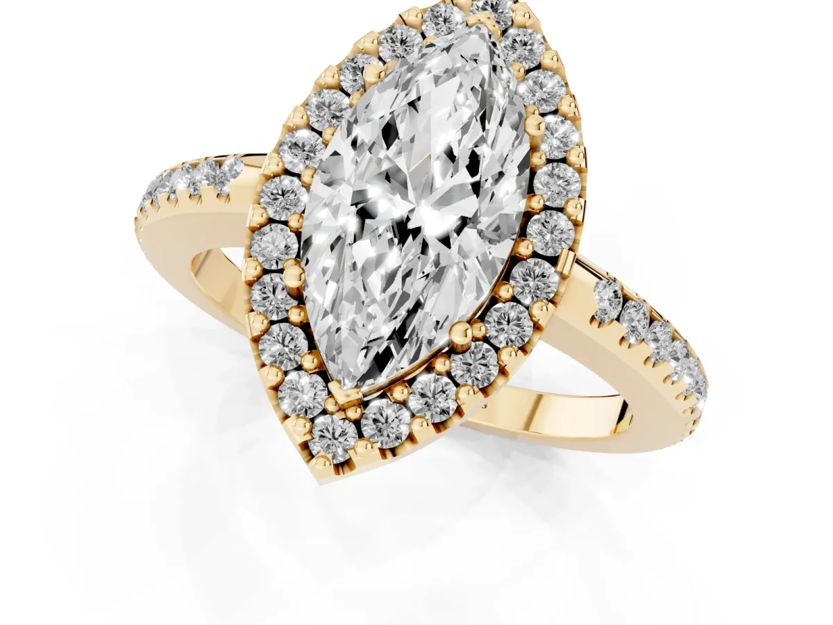 Marquise Cut Diamond Pavé Halo Ring with Four-Prong Setting Yellow gold