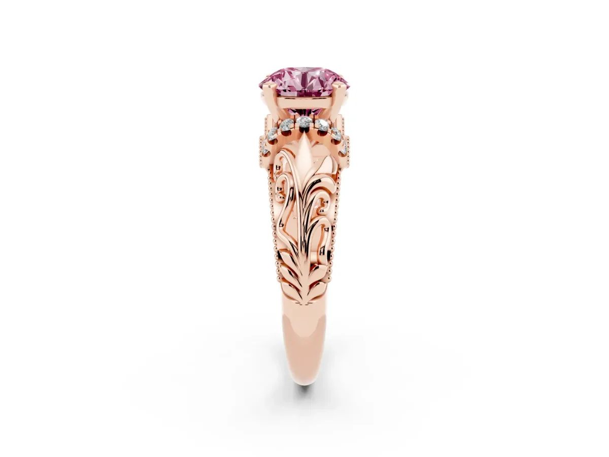 Fancy Pink Round Cut Solitaire Filigree Engagement Ring with Halo and Prong Setting Rose gold