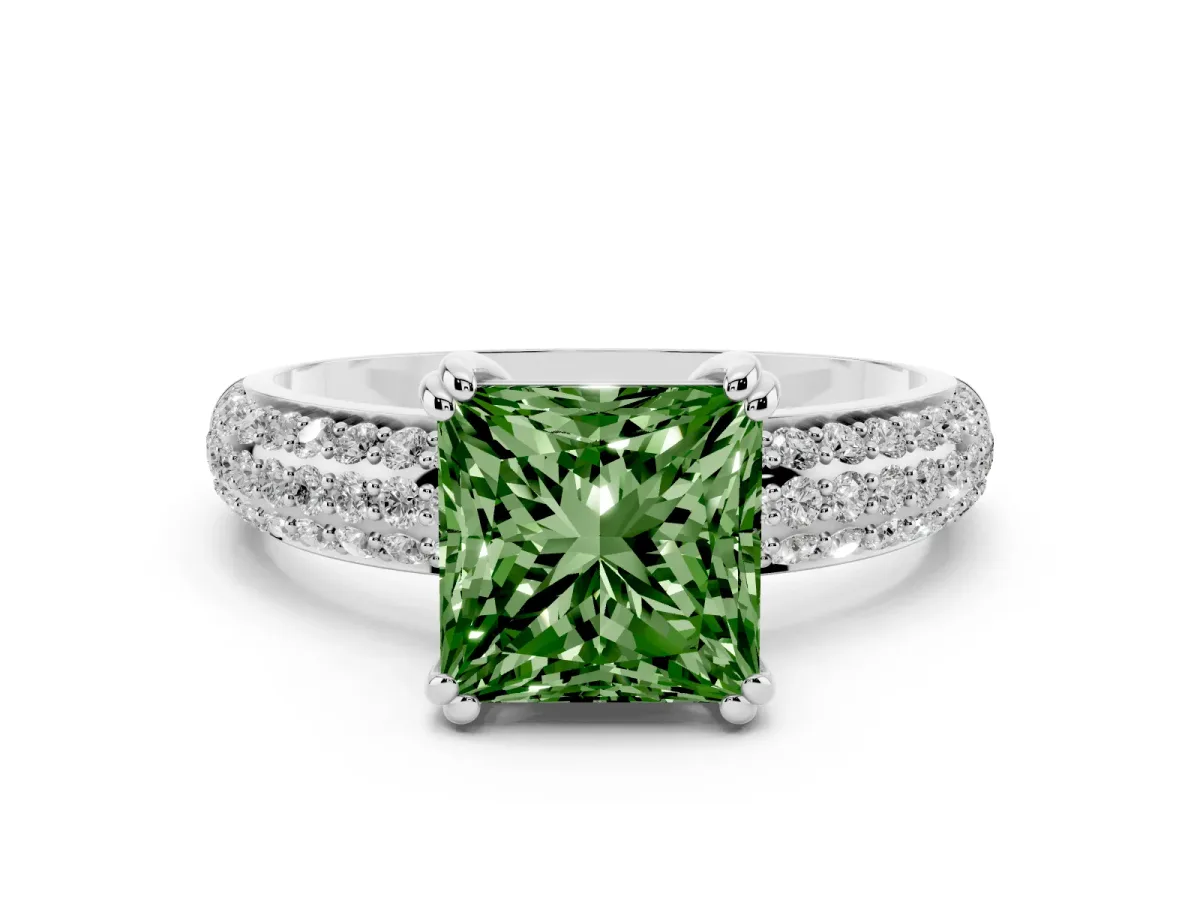 Fancy Green Princess Cut Diamond Solitaire Ring with Multi-Row Round Pavé Band and Prong Setting White gold