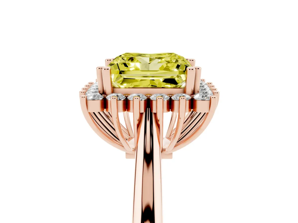 Fancy Yellow Princess Cut Cut Diamond Halo Ring with Solitaire Band and Prong Setting Rose gold