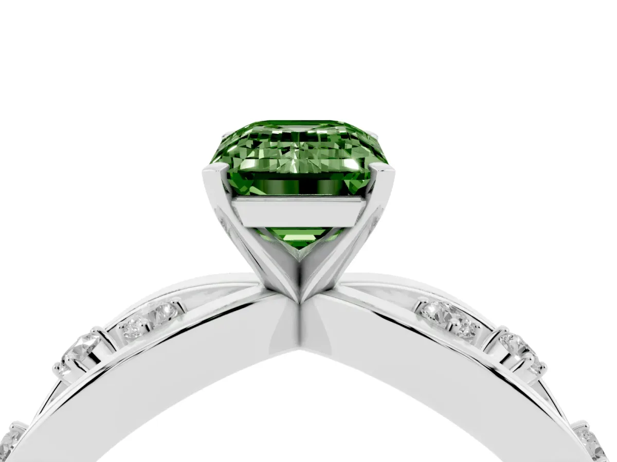 Fancy Green Emerald Cut Cut Solitaire Diamond with Side Stones on Criss-Cross Band and Four-Prong Setting Platinum