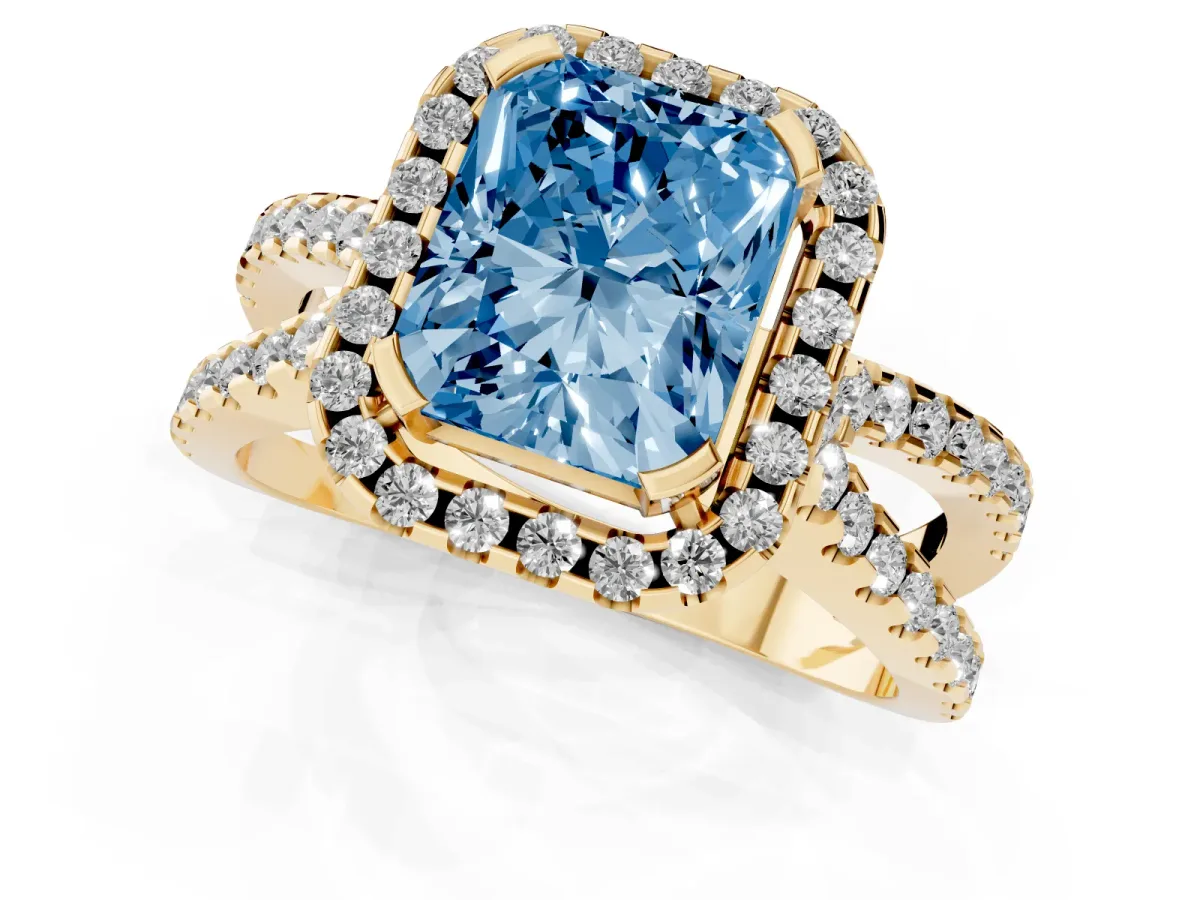 Fancy Blue Radiant Cut Diamond Halo Ring with Split Shank Pavé Band and Prong Setting Yellow gold