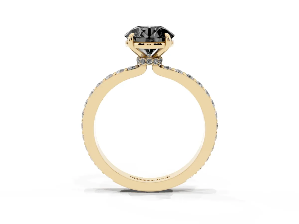 Fancy Black Round Cut Diamond Pavé Engagement Ring with Round Accents and Prong Setting Yellow gold