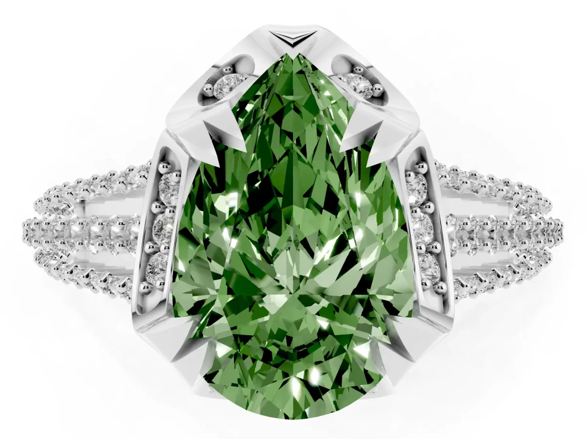 Fancy Green Pear Cut Solitaire Pave Split Shank Ring with Four-Prong Setting Silver