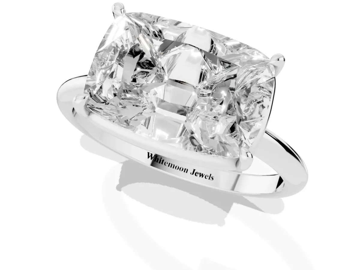 Old Mine Elongated Cushion Diamond East-West Bezel Set Four Claw Solitaire Ring Silver
