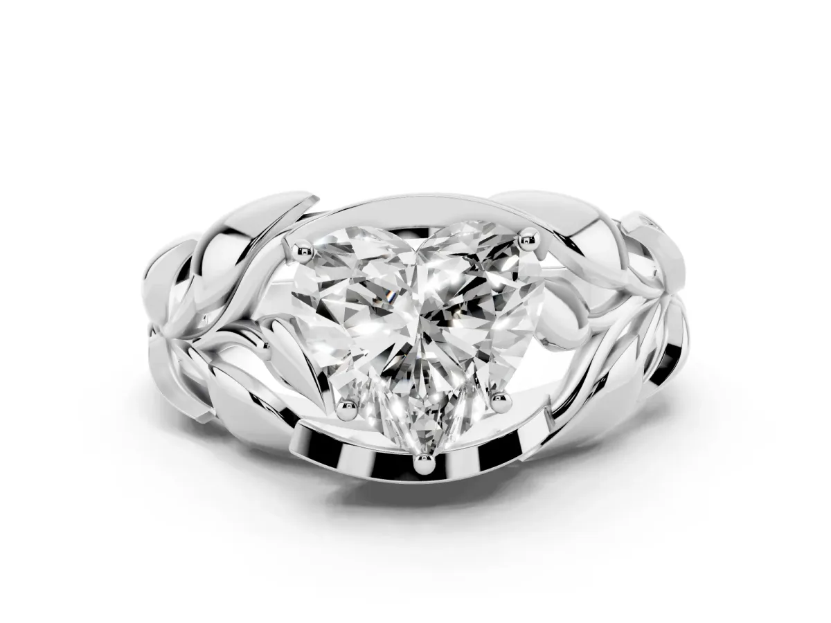Heart Cut Diamond Leaf-Inspired Engagement Ring with Round Accents and Prong Setting Silver
