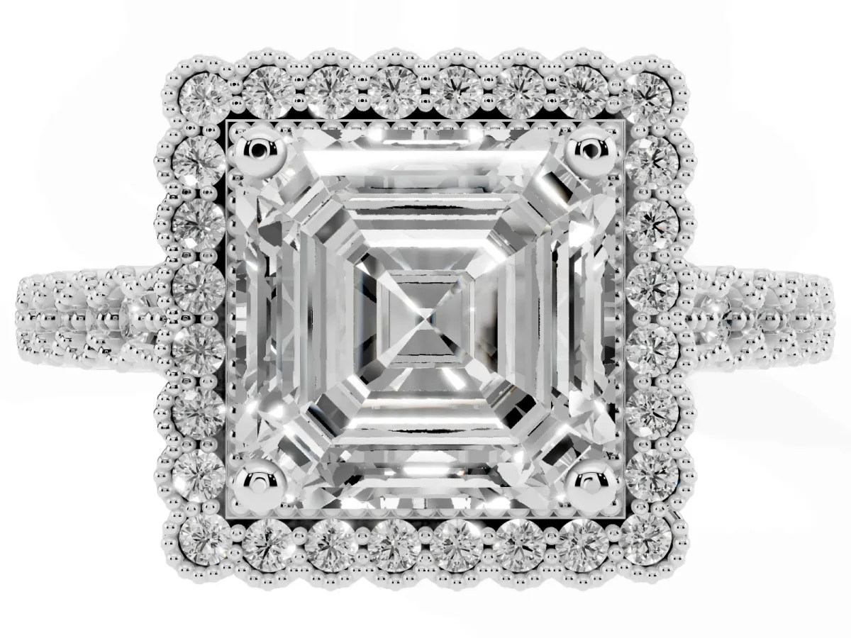 Asscher Cut Cut Halo Pavé Solitaire Ring with Milgrain Band Silver