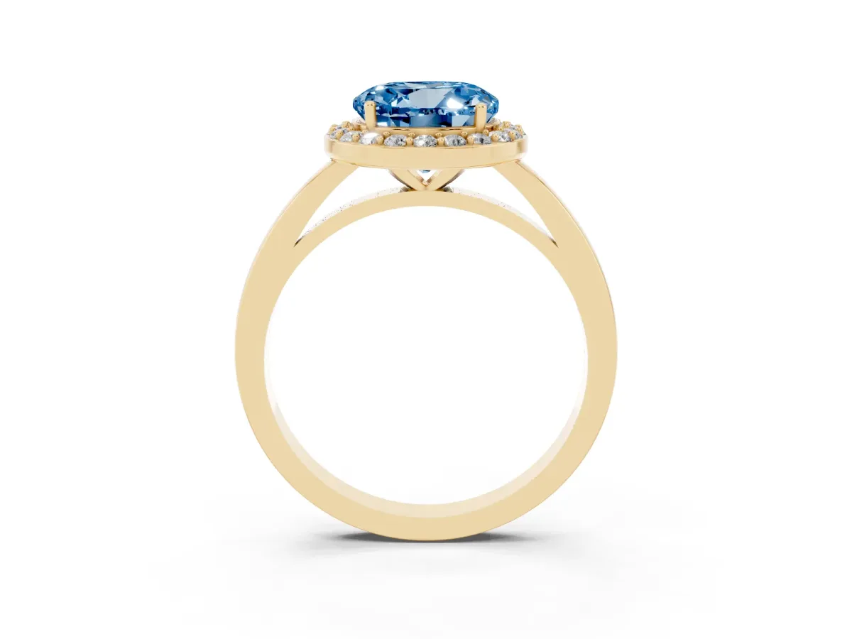 Fancy Blue Round Cut Halo Diamond Ring with Solitaire Band and Prong Setting Yellow gold