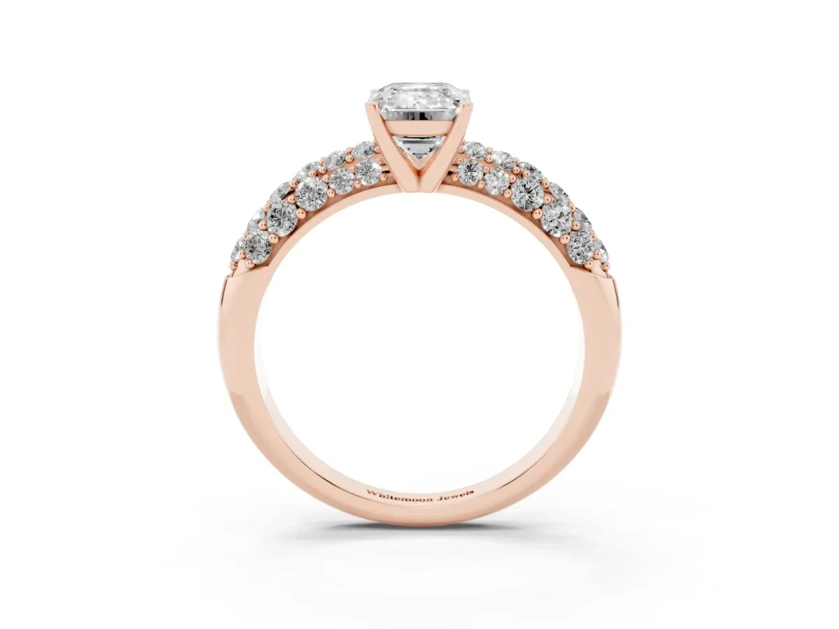 Emerald Cut Diamond Pavé Band Solitaire Ring with Four-Prong Setting Rose gold