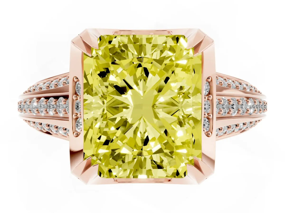 Fancy Yellow Radiant Cut Solitaire Pave Split Shank Ring with Four-Prong Setting Rose gold