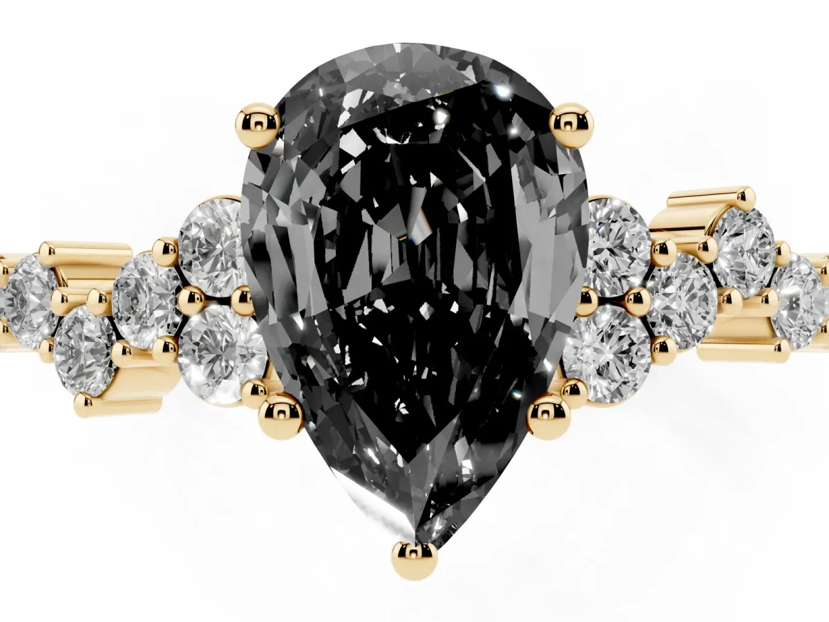 Fancy Black Pear Cut Diamond Scattered Round Accent Ring with Prong Setting Yellow gold