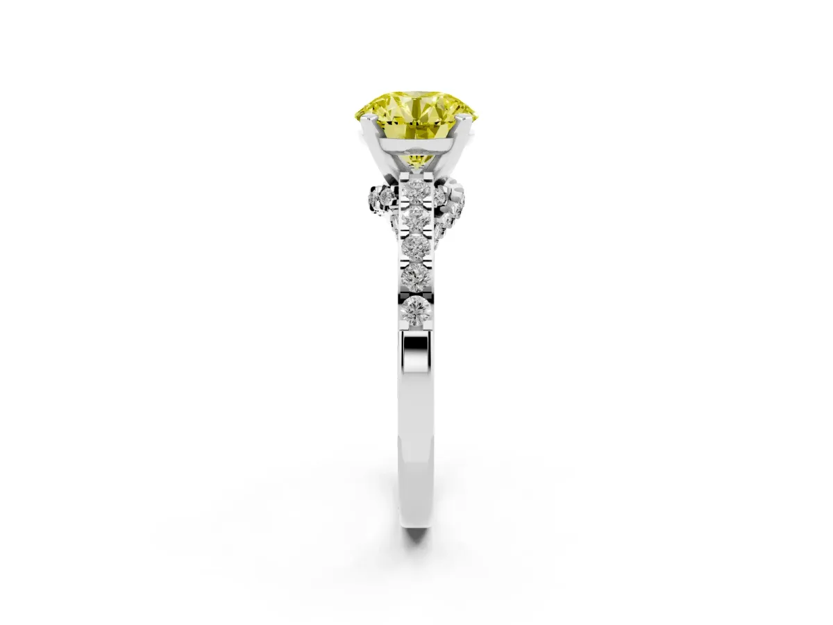Fancy Yellow Round Cut Diamond Solitaire Ring with Crossover Gallery and Round Pavé Band Silver
