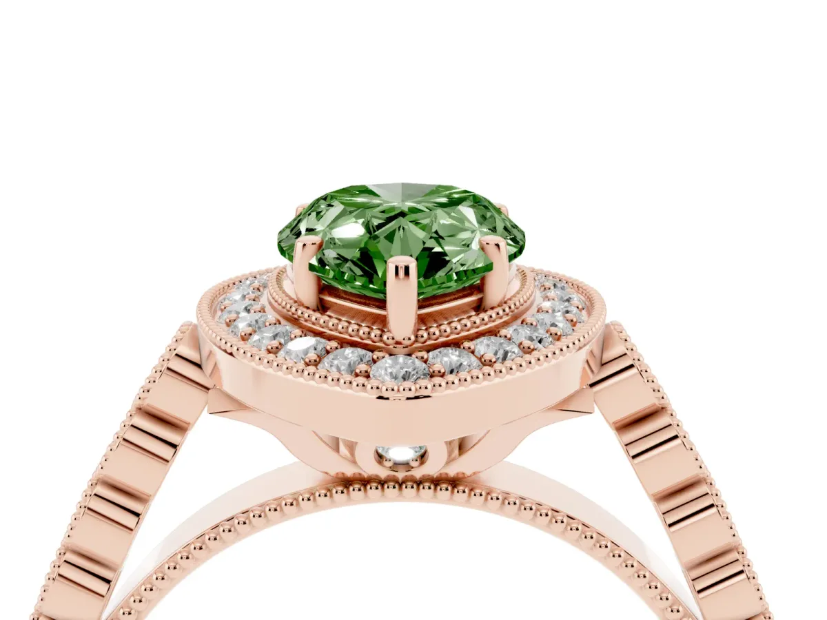 Fancy Green Pear Cut Halo Milgrain Solitaire with Bezel Set Side Stones and Pave Band Rose gold