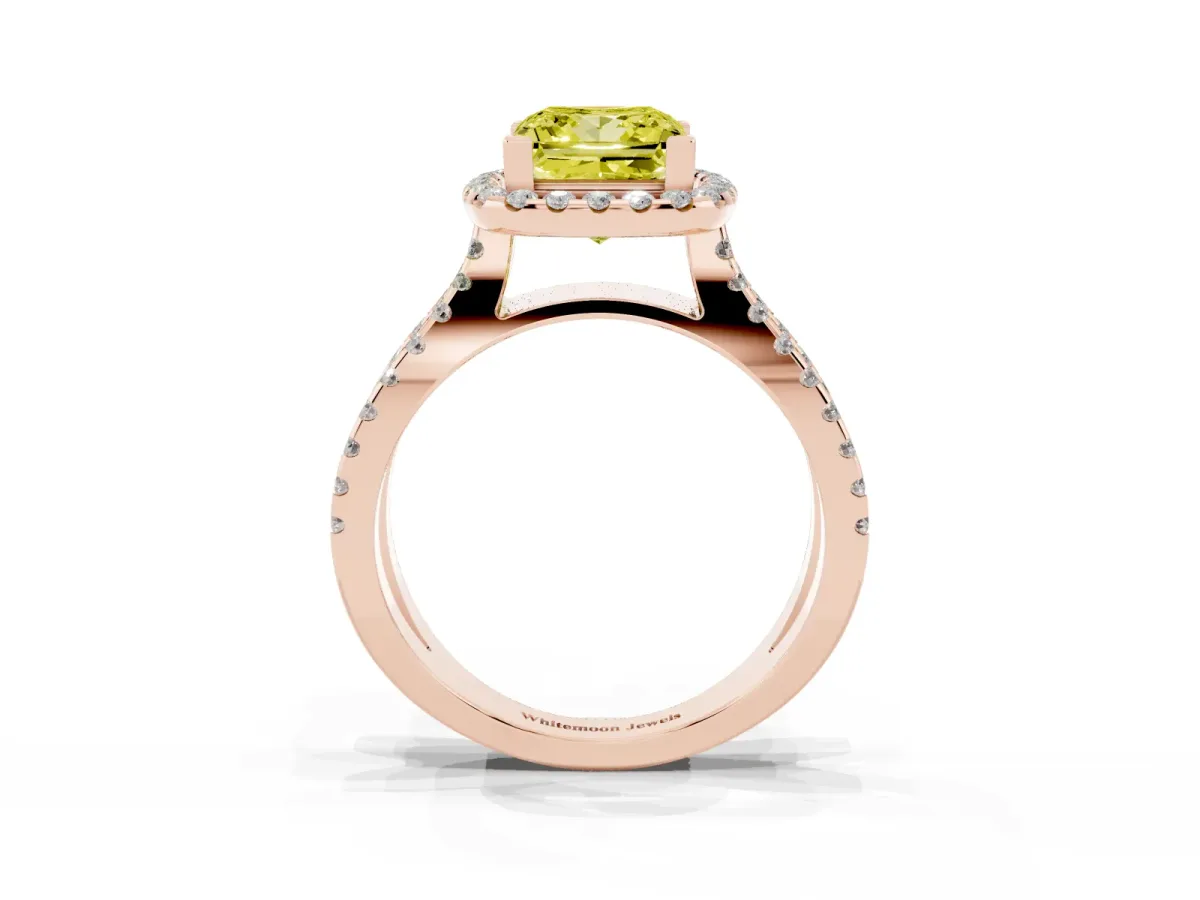 Fancy Yellow Princess Cut Diamond Halo Ring with Split Shank Pavé Band and Prong Setting Rose gold
