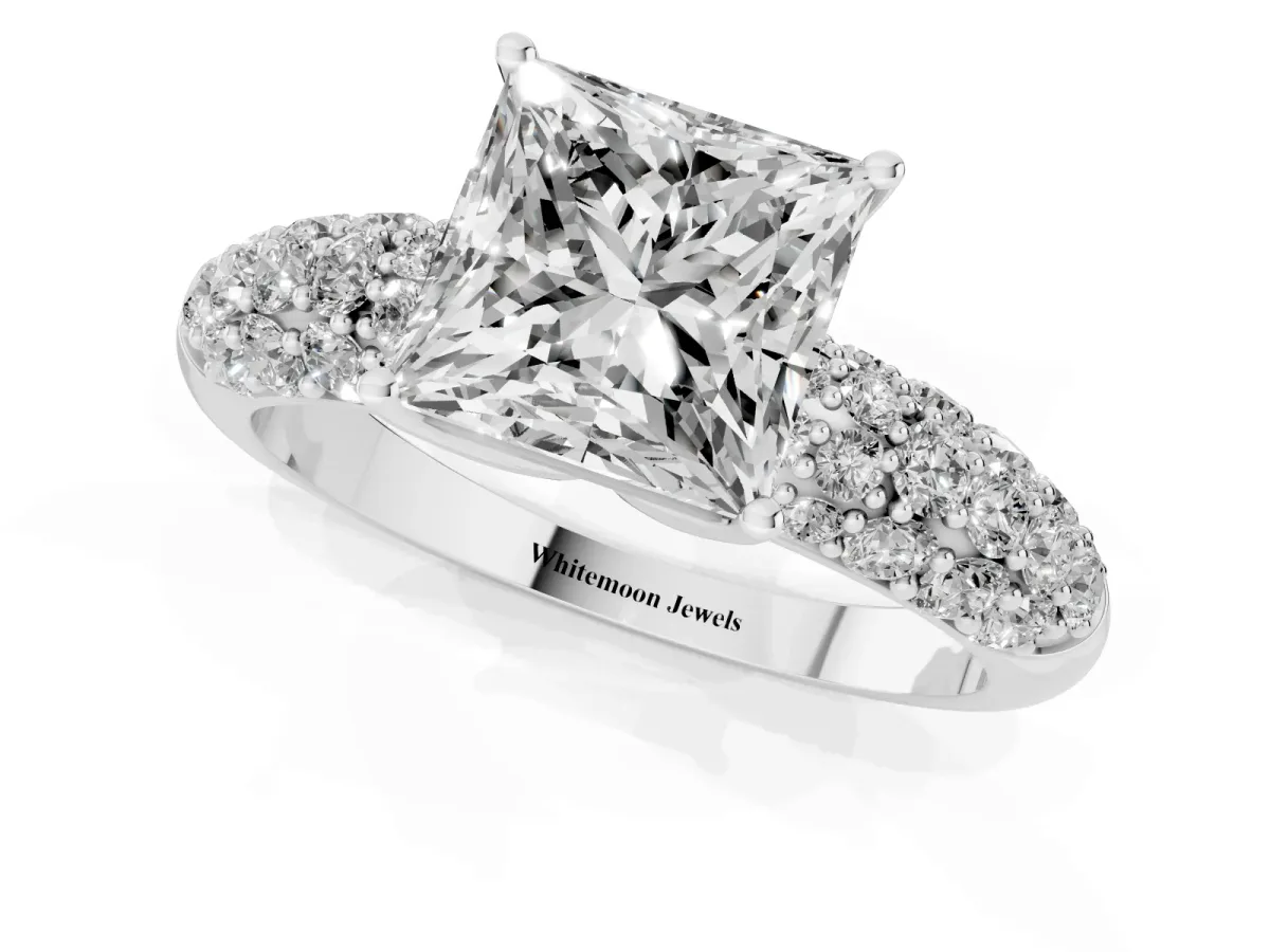 Princess Cut Diamond Pavé Band Solitaire Ring with Four-Prong Setting Platinum