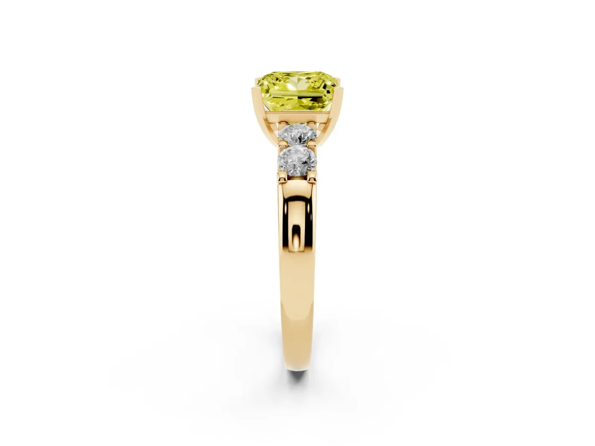 Fancy Yellow Princess Cut Brilliant Cut Diamond Five-Stone Prong Set Engagement Ring with Channel Band Yellow gold