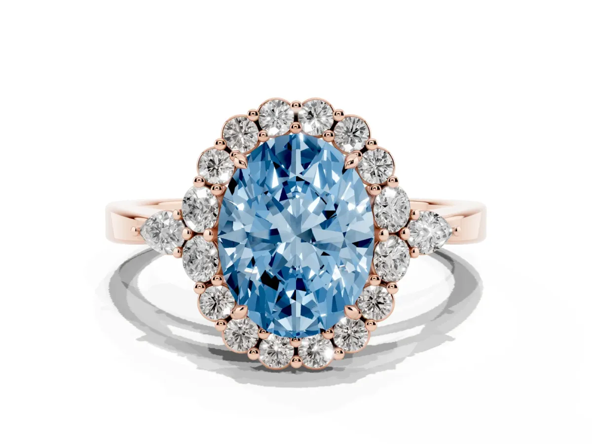 Fancy Blue Oval Cut Diamond Halo Ring with Pear Side Stones and Prong Setting Rose gold