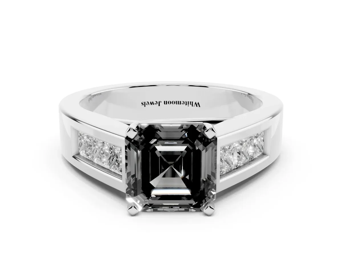 Fancy Black Asscher Cut Cut Channel Set Solitaire Ring with Four-Prong Setting White gold