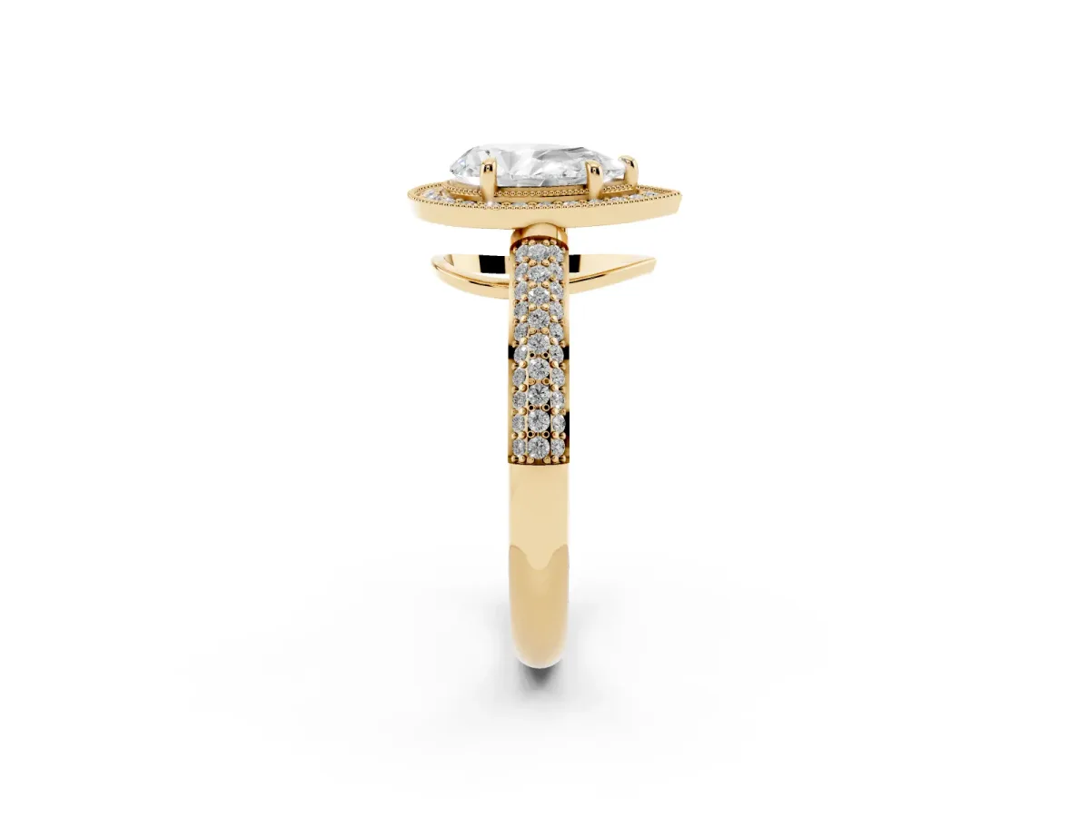 Pear Cut Cut Halo Diamond Pave Band with Four-Prong Setting Yellow gold