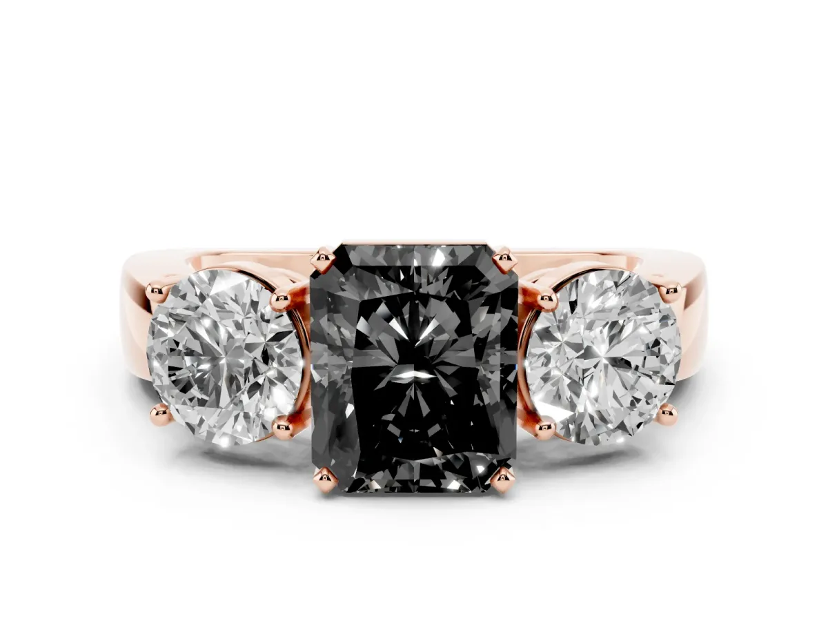 Fancy Black Three-Stone Radiant Cut Diamond Ring with Round Side Stones, Classic Band, and Four-Prong Setting Rose gold
