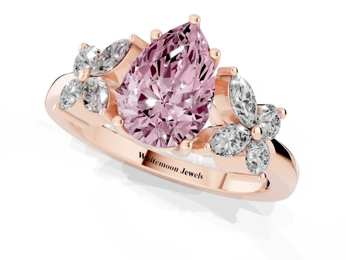 Fancy Pink Pear Cut Diamond Floral Cluster Ring with Solitaire Band and Prong Setting Rose gold