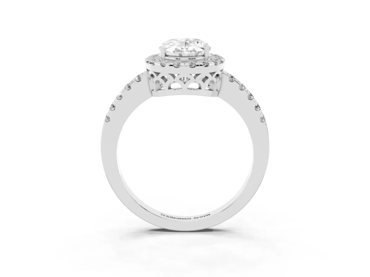 Oval Cut Halo Diamond Engagement Ring with Pavé Band and Four-Prong Setting Silver