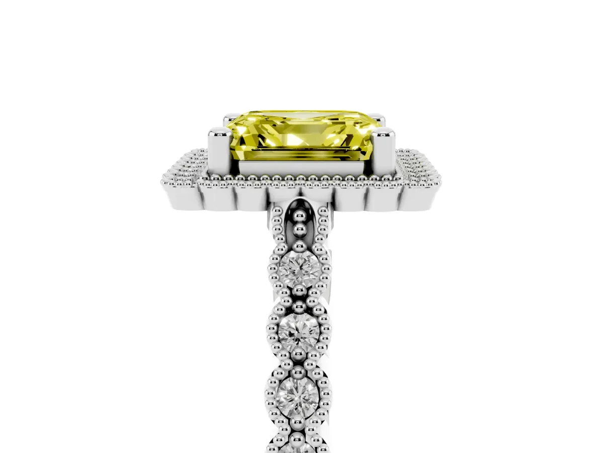 Fancy Yellow Asscher Cut Cut Halo Pavé Solitaire Ring with Milgrain Band Silver