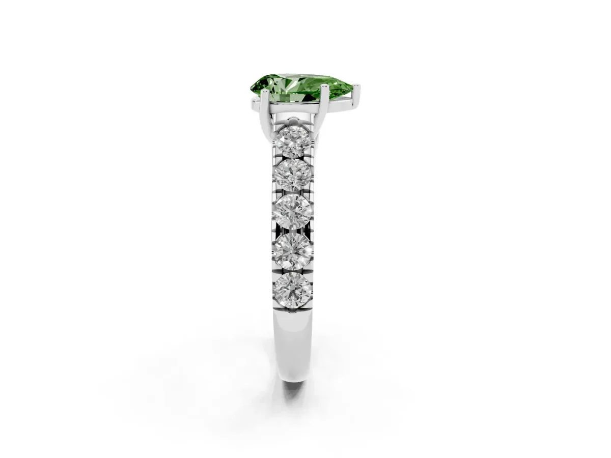 Fancy Green Pear Cut Cut Diamond Solitaire Ring with Micro Pave Band and Prong Setting Platinum
