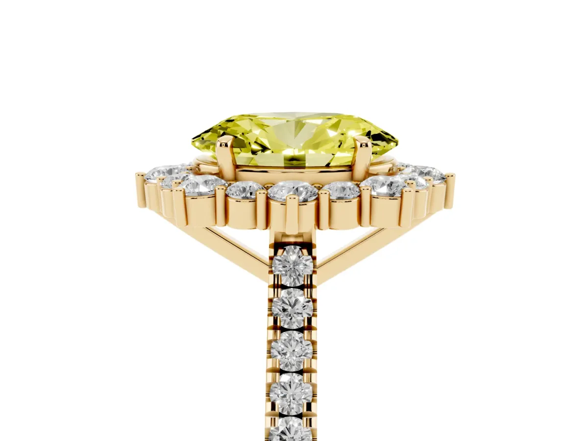Fancy Yellow Oval Cut Halo Diamond Ring with Pavé Band and Prong Setting Yellow gold