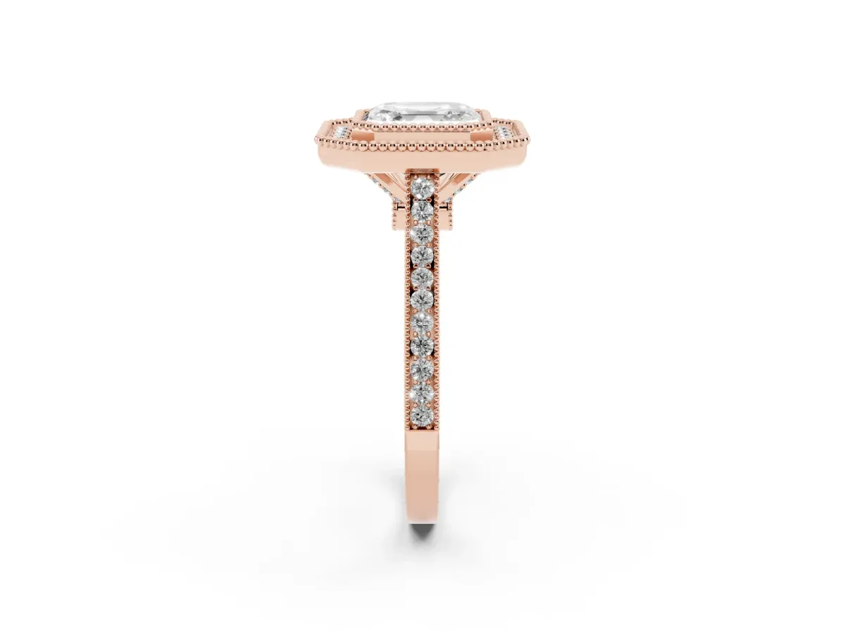 Asscher Cut Diamond Halo Ring with Milgrain Frame and Pavé Band Rose gold
