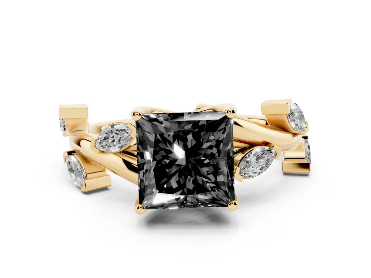 Fancy Black Princess Cut Solitaire Twisted Band Marquise Accent Prong Setting Ring Yellow gold