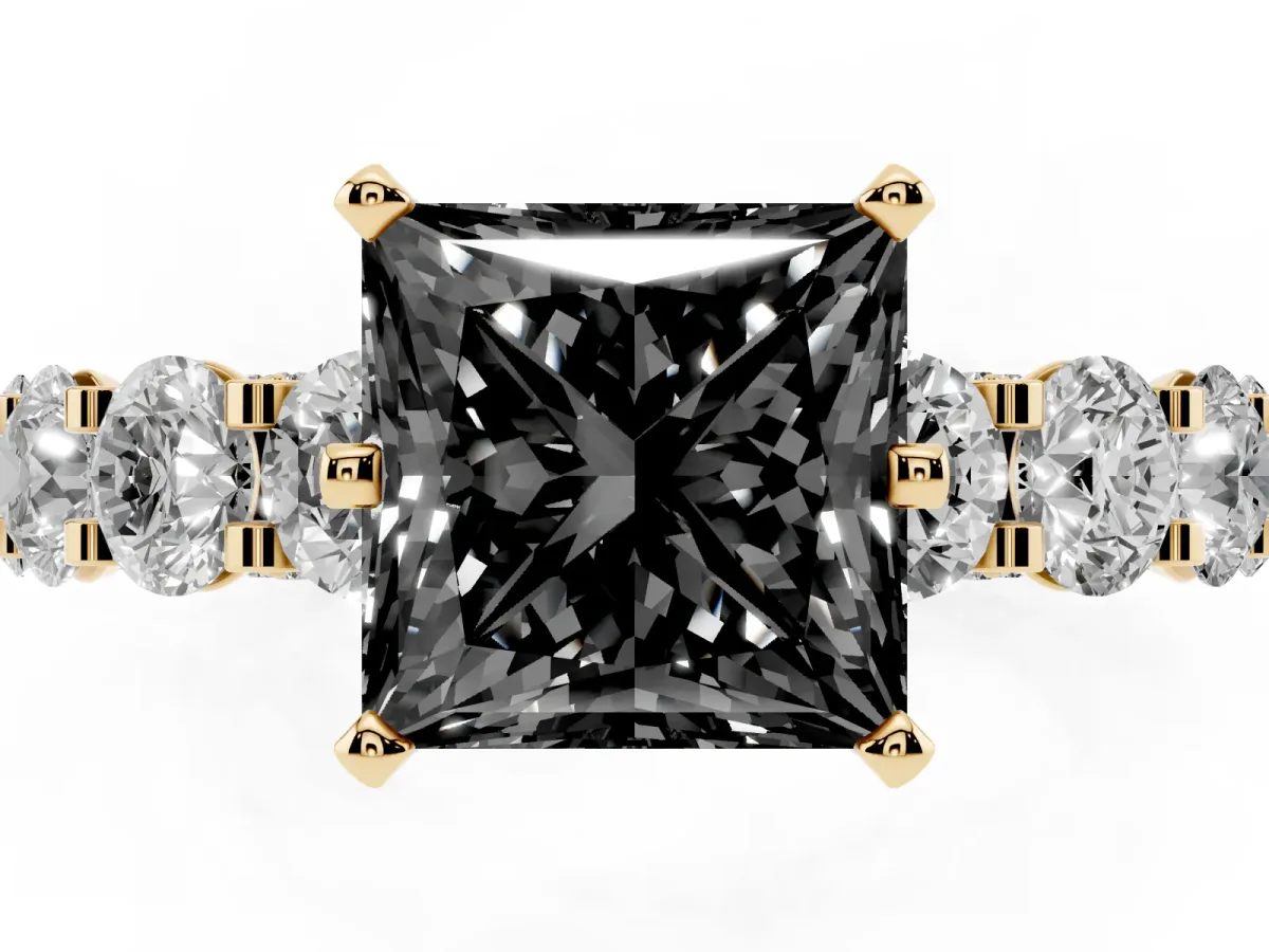 Fancy Black Princess Cut Diamond Side Stone Engagement Ring with Four-Prong Setting Yellow gold