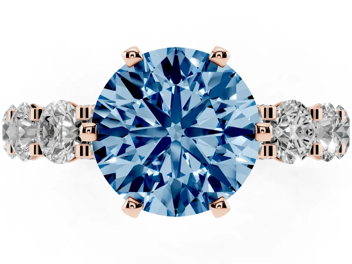 Fancy Blue Round Cut Diamond Side Stone Engagement Ring with Four-Prong Setting Rose gold