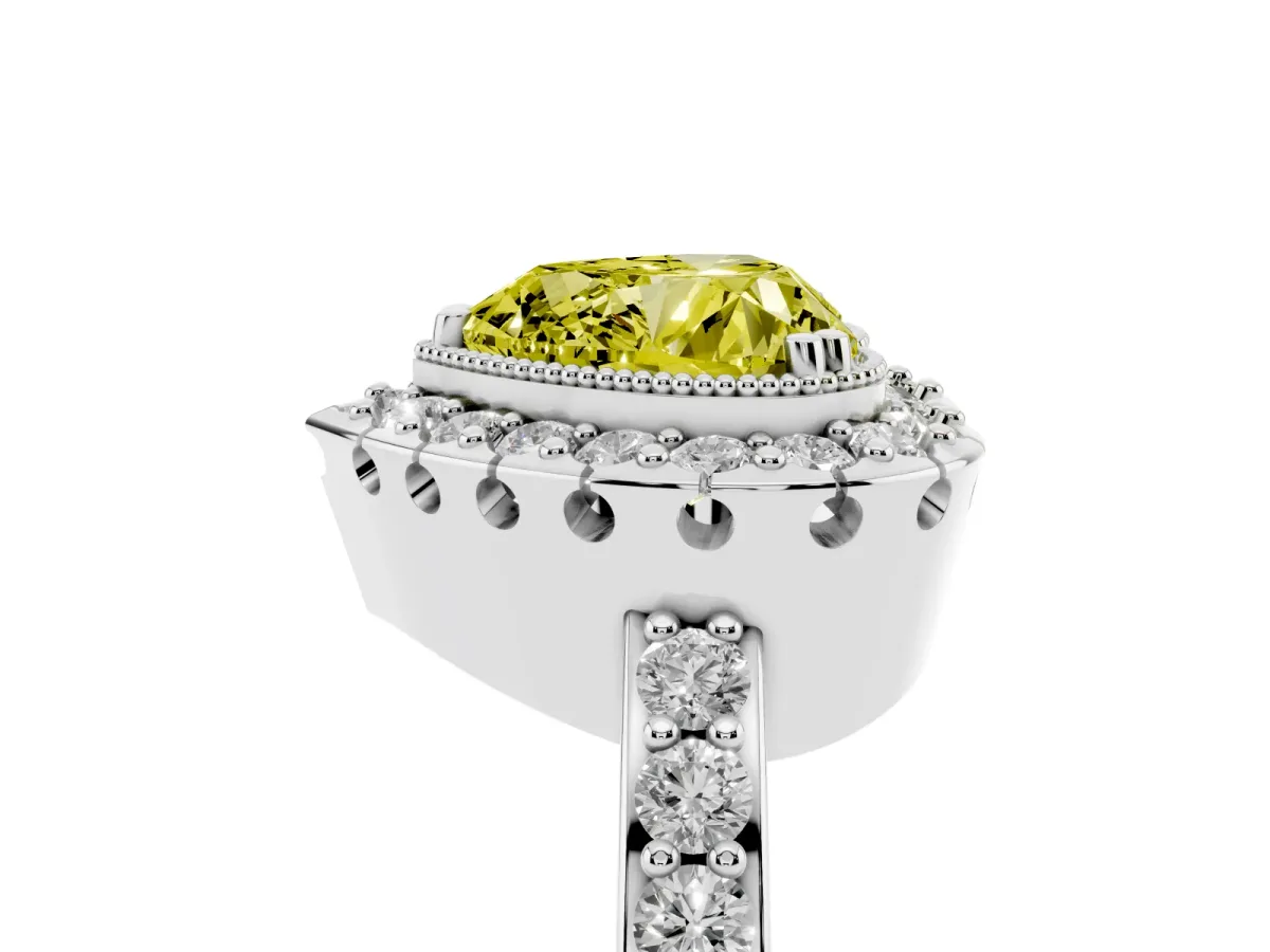 Fancy Yellow Heart Cut Diamond Halo Ring with Pavé Band and Prong Setting Silver