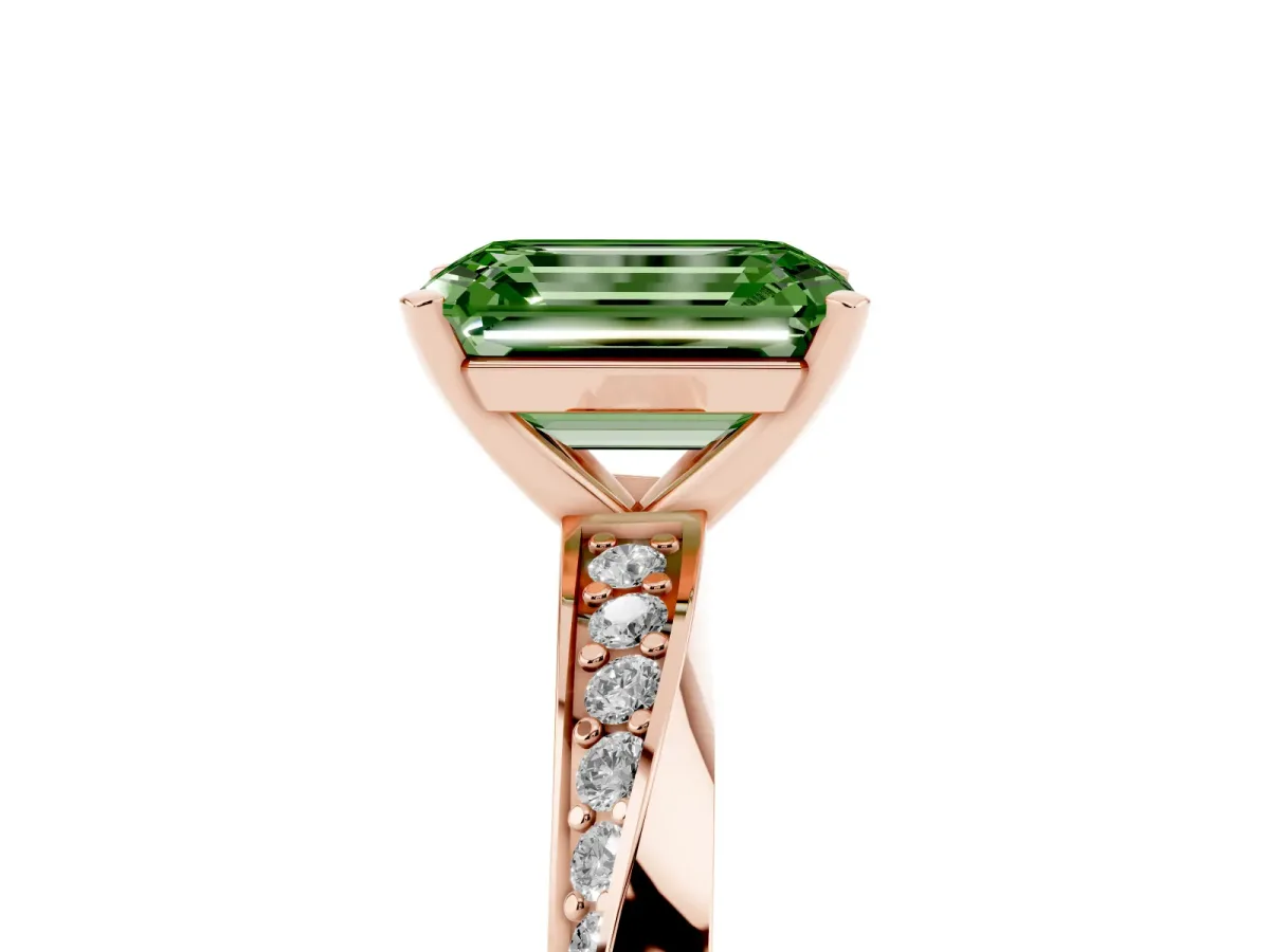 Fancy Green Emerald Cut Diamond Engagement Ring with Side Stone Accents and Four-Prong Setting Rose gold
