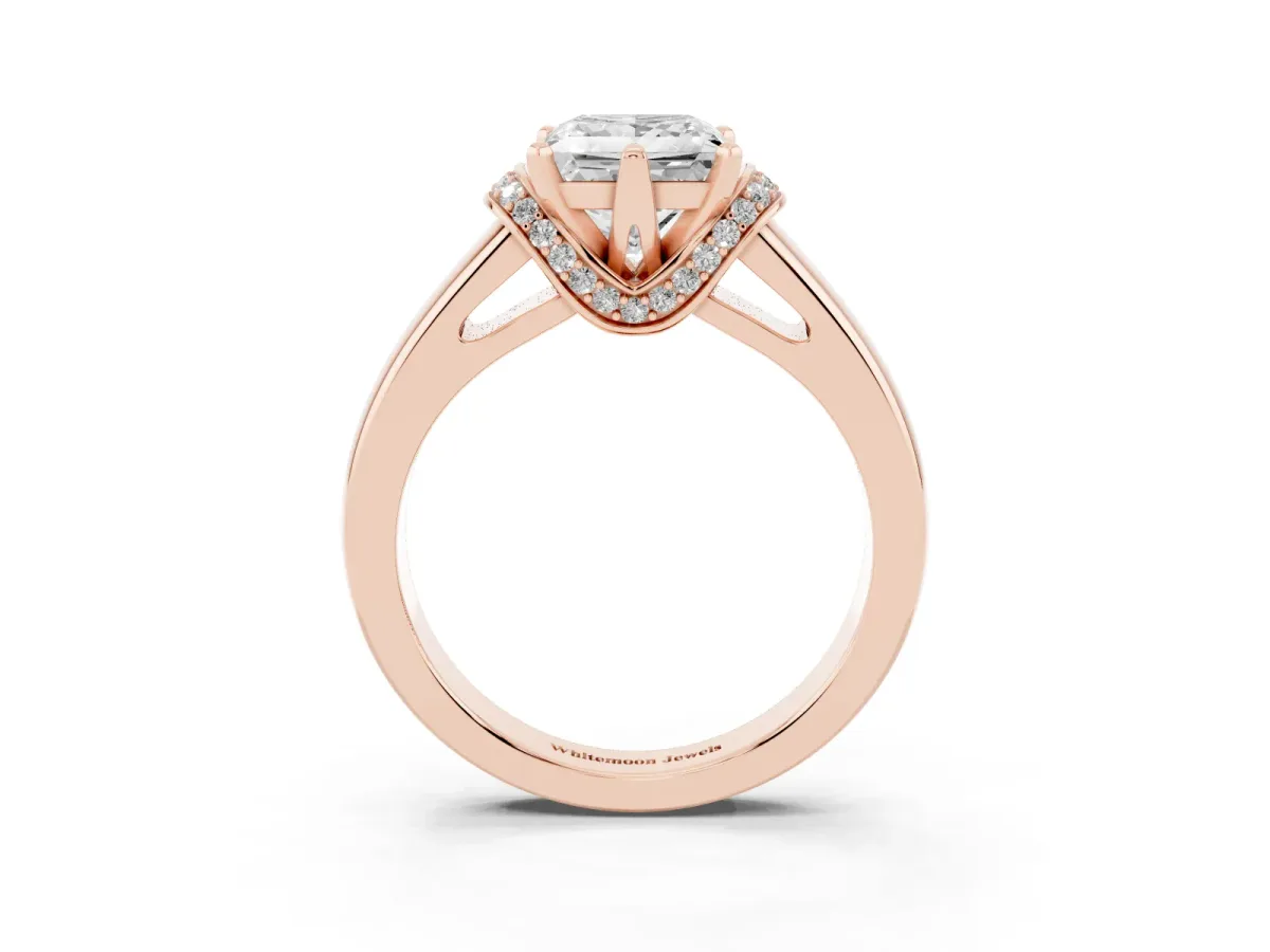 Princess Cut Solitaire Diamond Ring with Pave Band and Six-Prong Setting Rose gold