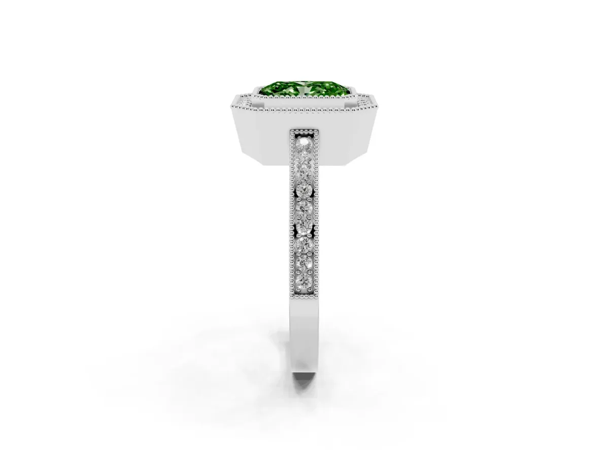 Fancy Green Radiant Cut Cut Halo Diamond Ring with Pavé Band and Milgrain Prong Setting Platinum