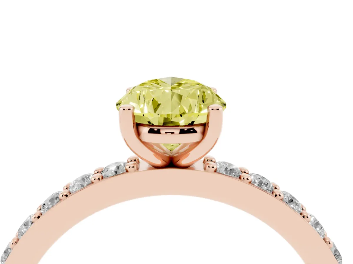 Fancy Yellow Pear Cut Cut Diamond Solitaire with Pave Band and Four-Prong Setting Rose gold