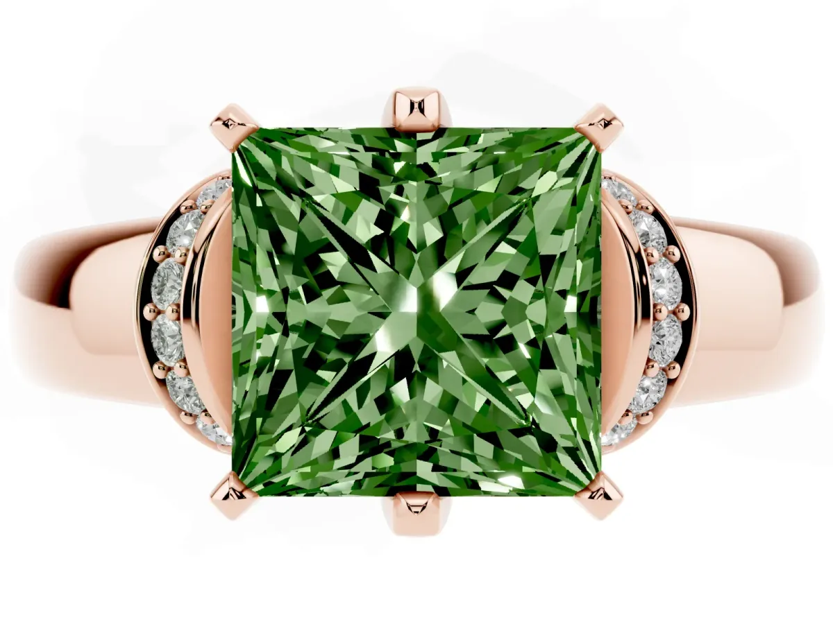 Fancy Green Princess Cut Solitaire Diamond Ring with Pave Band and Six-Prong Setting Rose gold